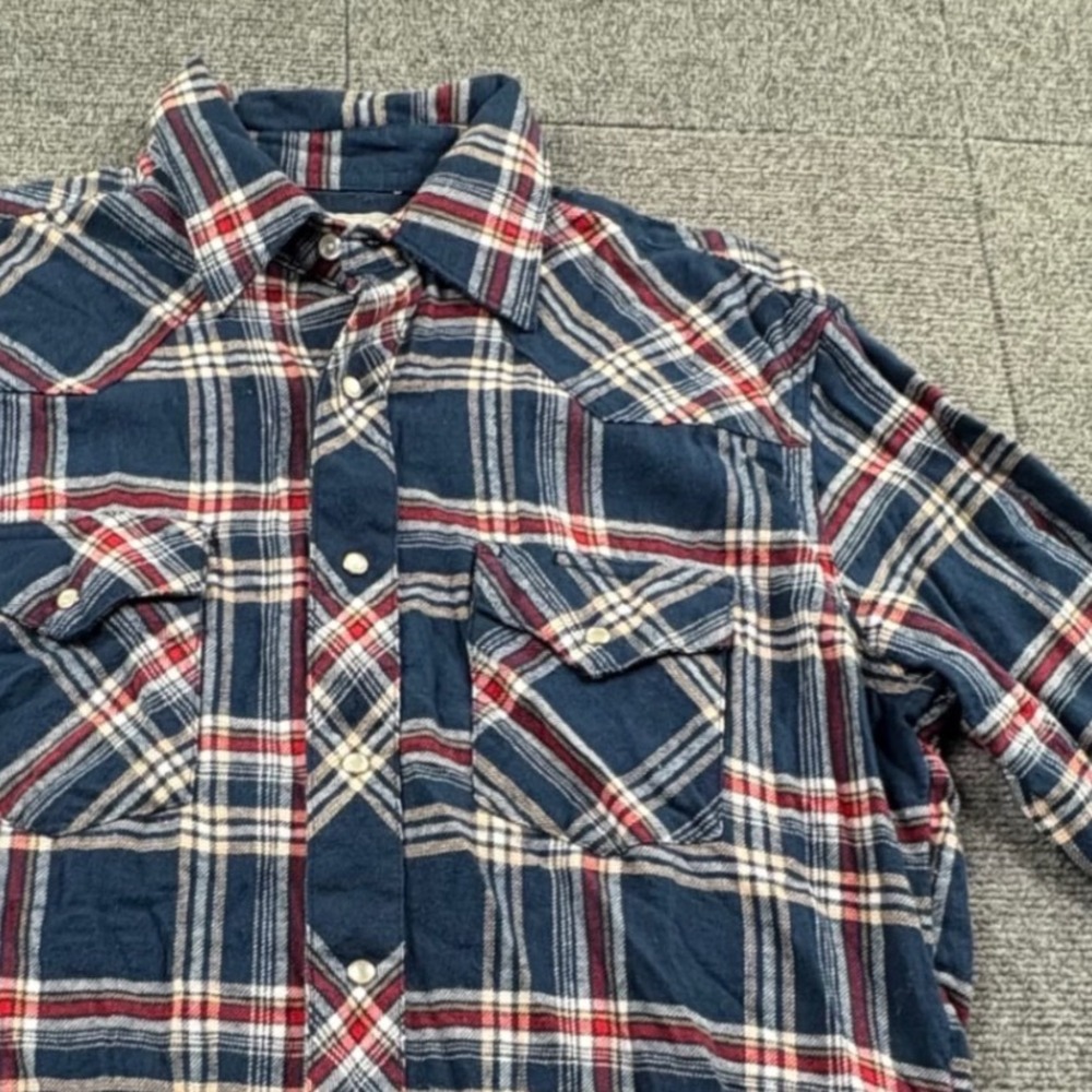 Wrangler Wrancher Mens Medium Blue Red Plaid Pearl Snap Western Flannel Shirt